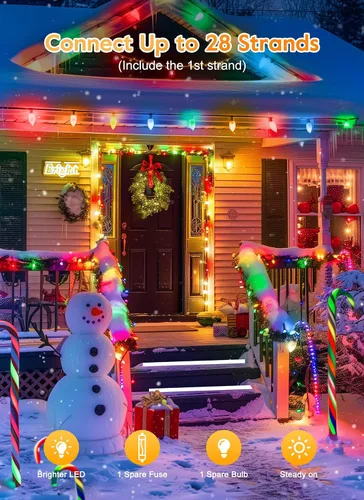 Vista 5 de Luces LED de Navidad vintage C9 para exteriores, cadena de 50 pies con 25 bombillas inastillables, impermeables, conectables, luces de árbol