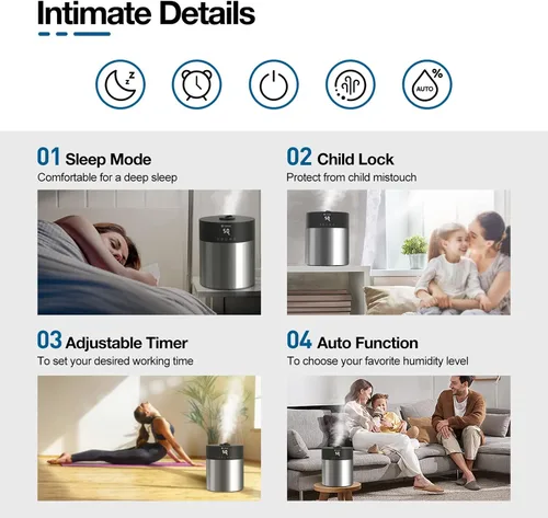 Vista 6 de Stainless Steel Humidifier, 4.5L Easy to Clean Humidifier with 304 Stainless Steel Tank, Cool Mist Humidifiers for Bedroom with Smart Humidistat &