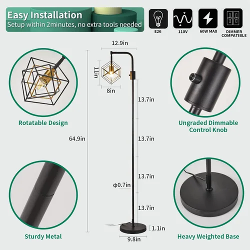 Vista 3 de Lámpara de pie regulable para sala de estar, 1 lámpara rústica de pie alta, moderna lámpara de pie brillante, lámpara de pie industrial