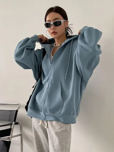 Vista 6 de MAKEMECHIC Sudadera con capucha para mujer, con forro térmico de gran tamaño, con cremallera, manga farol, con capucha