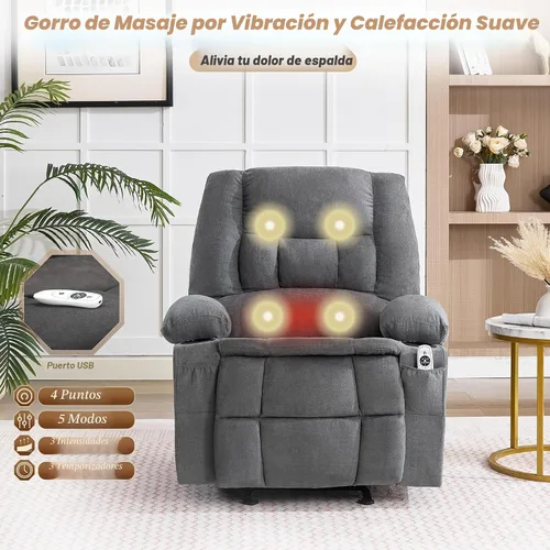 Vista 3 de Rocker - Silla reclinable con masaje y calor, sofá individual ergonómico, mecedoras para sala de estar, cómoda silla reclinable con portavasos Gris
