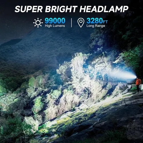 Vista 2 de Linterna frontal recargable, 99000 LM LED súper brillante con sensor de movimiento y 3 modos, luces frontales ajustables 90° para la frente, más