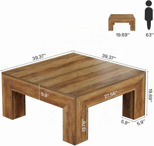 Vista 2 de Tribesigns - Mesa de café cuadrada estilo granja para sala de estar, mesa de centro baja grande de 39.37 pulgadas con patas resistentes, fácil Marrón