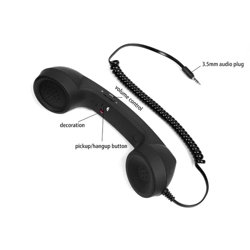 Vista 5 de Fumei Auricular de teléfono retro de 0.138 in reduce la radiación del teléfono celular Micrófono Altavoz Receptor de mano para teléfono Android Negro