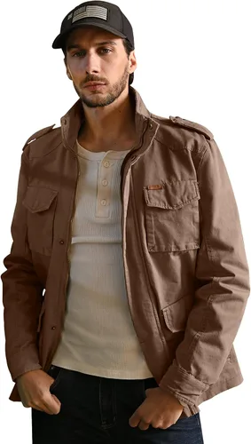 Vista 5 de WenVen Chaqueta ligera de estilo militar para hombre, rompevientos de algodón de sarga