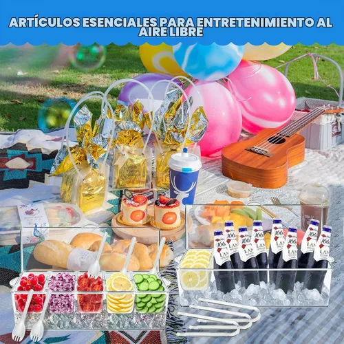 Vista 3 de Bandeja de condimentos refrigerados, cesta de frutas de bar con tapa y 5 compartimentos extraíbles, bandeja transparente para servir condimentos
