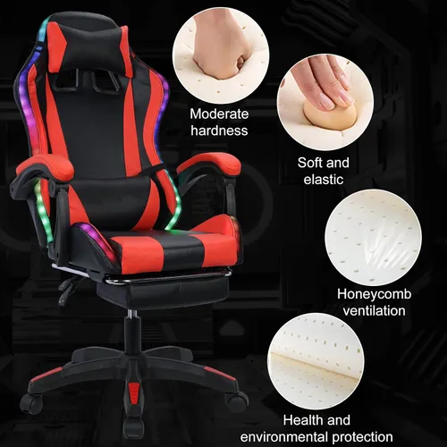 Vista 9 de Silla para videojuegos, silla de videojuegos con luz LED, sillas ergonómicas de masaje para computadora, altura ajustable, con asiento giratorio