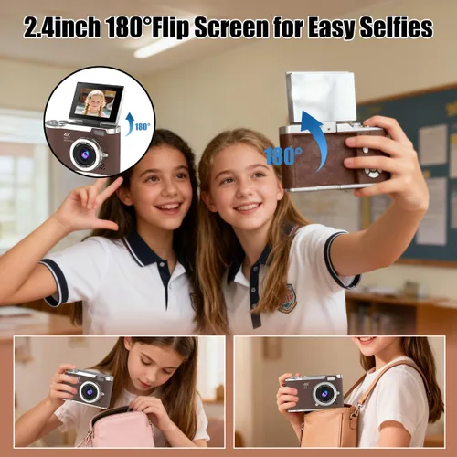 Vista 6 de Cámara digital 4K, cámara selfie de 48 megapíxeles con enfoque automático y pantalla giratoria de 180°, cámara digital compacta para niños con zoom