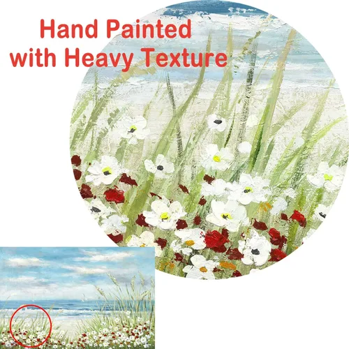Vista 2 de UTOP-art Arte de Pared de Pintura Abstracta de Flores Silvestres: Flores en la Playa con Olas del Océano, Paisaje Marino, Obra de Arte en Lienzo