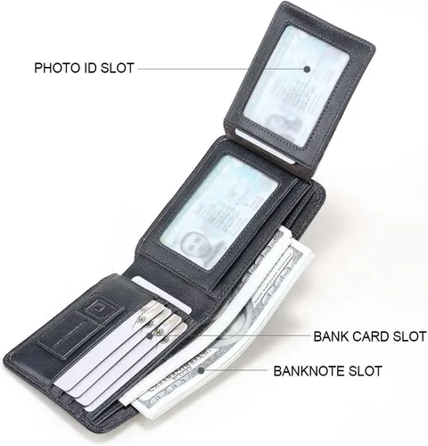Vista 10 de Billetera de piel triple con bloqueo RFID para hombre con 2 ventanas de identificación, 2 compartimentos para efectivo, 6-8 ranuras para tarjetas