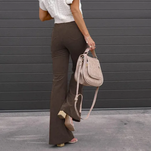 Vista 2 de Pantalones acampanados de color sólido para mujer, con microsolapas, cintura alta, cómodos, con bolsillos