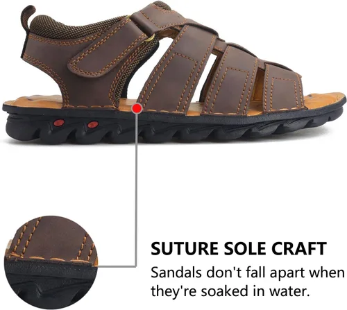 Vista 4 de VOCECO - Sandalias de cuero para hombre con puntera abierta, ajustables, ligeras, para playa y verano