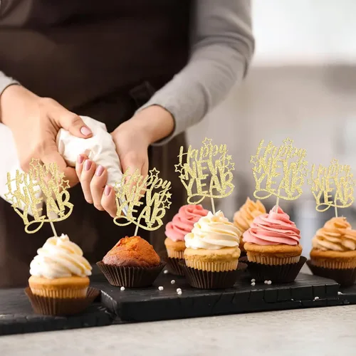 Vista 4 de 24 piezas de adornos para cupcakes de Feliz Año Nuevo 2026 de oro con purpurina, celebra el 2026, adornos de cupcakes para la víspera de Año Nuevo