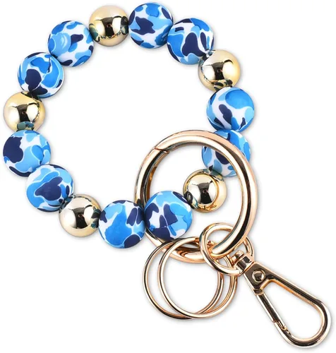 Vista 22 de Junyuerly Pulsera Llavero de Silicona con Cuentas para Mujeres, Brazalete Elástico con Anillo de Llaves Cuenta azul
