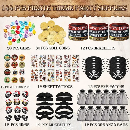 Vista 3 de 144 piezas de suministros de fiesta pirata incluyen pulsera pirata náutica tatuaje botón pin ojo parche oro moneda gema anillo bigote organza bolsa