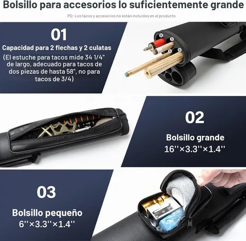 Vista 4 de Estuche para taco de piscina Adhafera, estuche duro 2 X 2 para palo de billar, hecho de accesorios de billar de cuero sintético Fit 2-Piece Cue Up