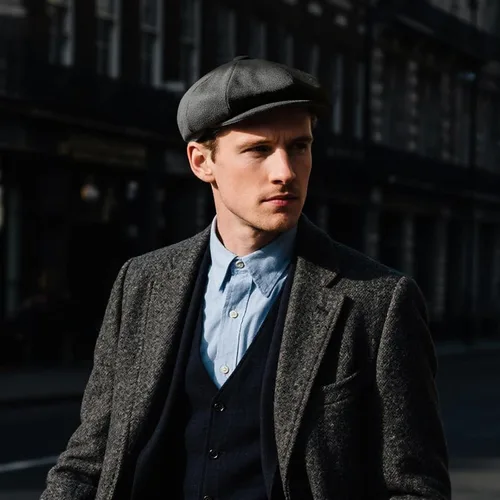 Vista 7 de FEINION Gorra de lana para hombre, 8 paneles, Ivy Tweed Cabbie, sombrero plano, Baker Boy