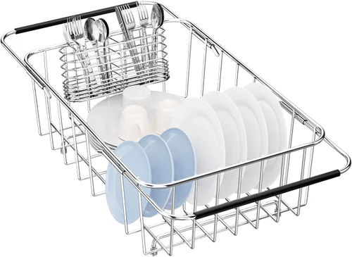Vista 8 de Escurridor grande para platos en el fregadero expandible, ajustable de acero inoxidable 304, escurridor organizador de platos de metal con soporte
