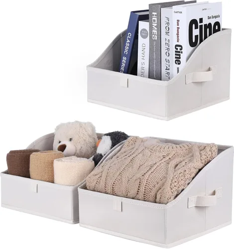 Vista 10 de WUIKE Cestas de almacenamiento para estantes, contenedores de almacenamiento de tela con asas, cesta plegable para estantes organizadores y Beige