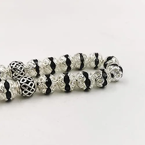 Vista 2 de Las mujeres Tasbih metal color plata rosario cuentas incrustadas cristal negro musulmán misbaha (0.315 in x 33 cuentas)