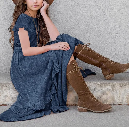 Vista 4 de MITILLY Vestido largo maxi suelto liso de manga 3/4 casual con bolsillos y volantes estilo swing con cinturón para niñas 01 Azul oscuro fultter