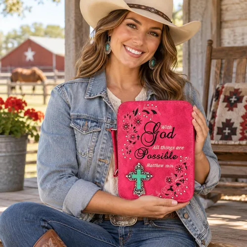 Vista 2 de Western Cross - Funda para la Biblia para mujer con correa, Escritura Nehemías 8:10 (#2 Fucsia)