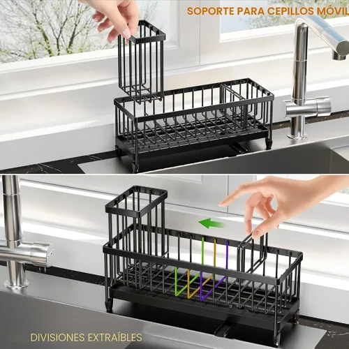 Vista 5 de Cisily Soporte de esponja negro extra grande para fregadero de cocina, organizador de fregadero con soporte alto para cepillos, organizadores