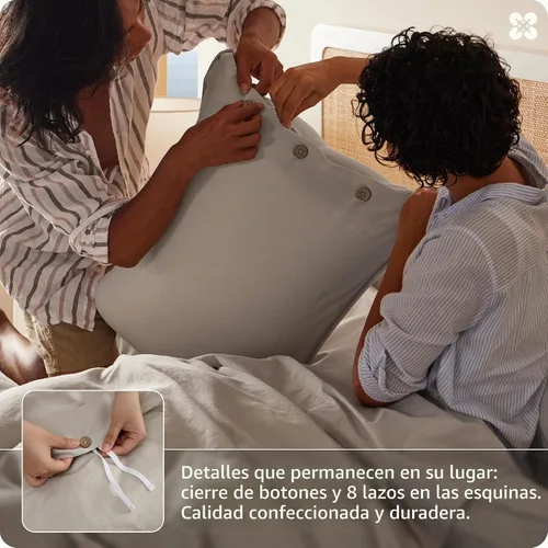 Vista 6 de Bedsure Funda de edredón de lino tamaño Queen – Juego de ropa de cama de mezcla de lino y algodón, suave y acogedor, 3 piezas, 1 funda de edredón