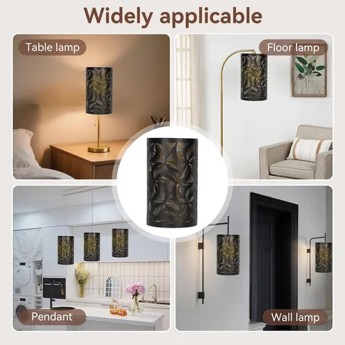 Vista 5 de Pantalla de lámpara de tambor grande de metal de corte negro, pantalla de metal de barril, cubierta de sombra de luz decorativa para mesita