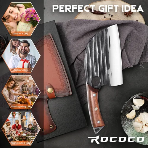 Vista 7 de ROCOCO Cuchillo de Chef Serbio Cuchillo Carnicero Cuchilla con Funda para Cocina Exterior BBQ Camping Regalo de Cumpleaños Padre Madre Navidad