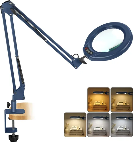 Vista 11 de VEEMAGNI Lupa grande de cristal real de 12 x 5 pulgadas con luz y soporte, 5 modos de color regulable, brazo giratorio largo LED abrazadera lámpara