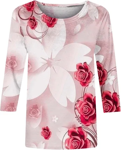 Vista 4 de SMIDOW Camisetas de manga 34 para mujer, estilo casual, bohemio, estampado floral, holgadas, para verano, primavera, básicas