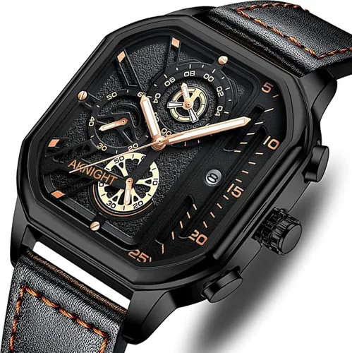 Vista 8 de BY BENYAR AKNIGHT Men's Square Watches with Black Leather Strap, Chronograph Function, Stylish Business Watch, Waterproof Luminous Casual Wrist