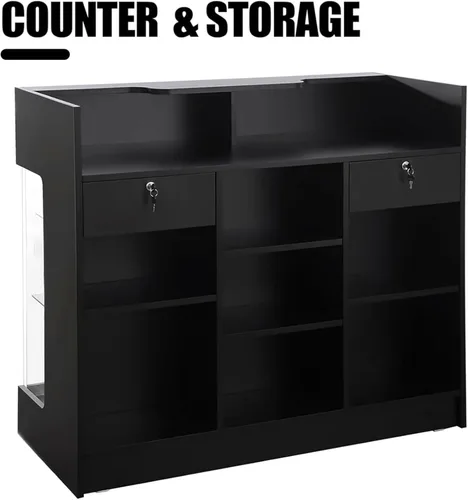 Vista 3 de Wisdomfur Contador de pago minorista de 4 pies con pantalla de vidrio, mostrador de tienda superior con repisa negra con vidrio templado, cajones