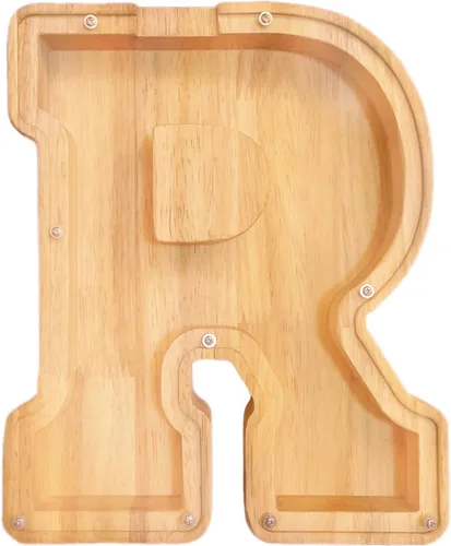 Vista 22 de Alcancía de 26 letras del alfabeto inglés A-Z, alcancía de madera transparente de gran capacidad, caja de ahorro de monedas personalizada