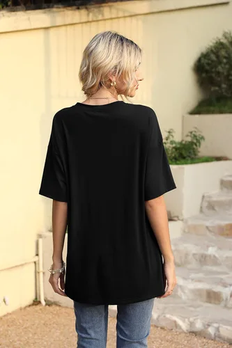 Vista 2 de Iandroiy Camisetas de manga corta Dolman con cuello en V para mujer, estilo casual de verano