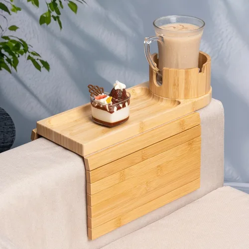 Vista 10 de Soporte de taza para sofá para reposabrazos de más de 4.9 pulgadas de ancho, bandeja de brazo de sofá de madera de acacia con soporte de taza