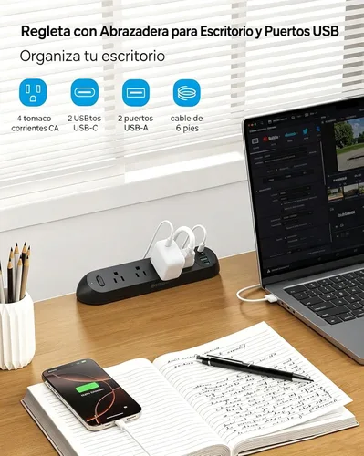 Vista 2 de TROND Regleta de alimentación con abrazadera de escritorio USB C PD 20 W, protector de sobretensiones con 4 salidas de CA, 4 puertos USB, cable