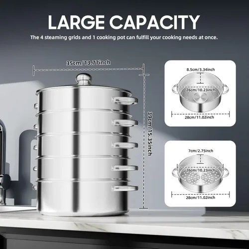 Vista 5 de Vaporizador de acero inoxidable de 5 niveles, vaporizador apilable de 11.0 in con tapa visible transparente, ollas de cocina de gran capacidad