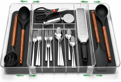 Vista 7 de Masirs Organizador de cajones de utensilios expandible, bandeja de cubiertos transparente de plástico sin BPA con múltiples compartimentos