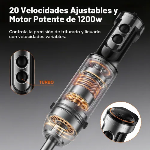 Vista 3 de Batidora de inmersión de mano, 20 velocidades y modo turbo, batidora de mano de carga pesada con motor de cobre, cuchillas de acero inoxidable Negro