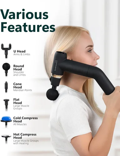 Vista 4 de Pistola de masaje InClover Life con mango extraíble para masaje muscular de tejido profundo – masajeador manual de percusión con calor para espalda