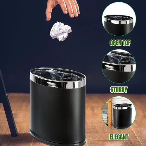 Vista 4 de Cubo de basura de metal 'Invisi-Overlap', papelera de oficina pequeña con parte superior abierta, forma ovalada (negro)