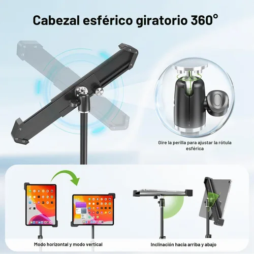 Vista 5 de elitehood Soporte de aluminio para iPad con soporte diagonal para tableta, trípode para iPad de 65 pulgadas de altura ajustable, trípode giratorio