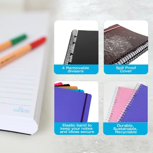 Vista 4 de Confetti Cuaderno de espiral – 4 separadores extraíbles, cubierta a prueba de derrames, banda elástica de cierre, bolsillo de almacenamiento – Bloc