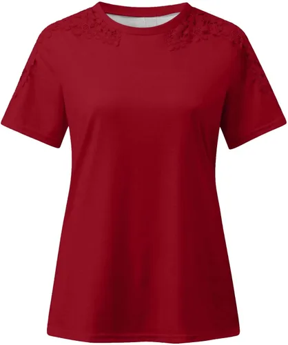 Vista 4 de DASAYO Camiseta de manga corta de encaje de color sólido para mujer, cómoda, casual, para salir, camisetas de moda