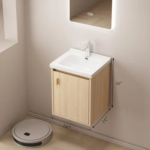 Vista 2 de Tocador de baño pequeño de 16 pulgadas montado en la pared, tocador de baño pequeño con fregadero de cerámica, tocador de baño moderno con cajones