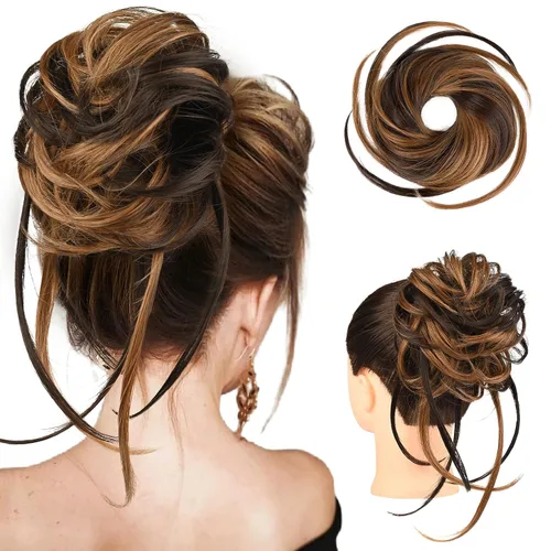 Vista 25 de HOOJIH Pieza de pelo desordenado de moño – Extensiones superlargas despeinadas, cola de caballo ondulada con banda elástica para mujeres y niñas