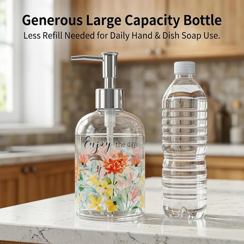 Vista 7 de Topadorn Dispensador de jabón de vidrio de 17 onzas con bomba, impresión floral de acuarela Enjoy the Day, botella líquida recargable para cocina