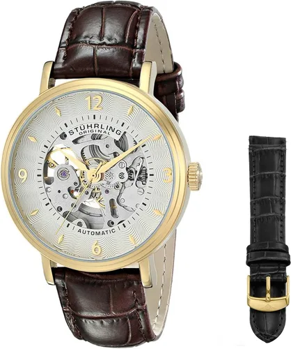 Vista 4 de Stuhrling Original 647.02SET Legacy Reloj automático dorado esqueleto para hombre con correa adicional, DoradoNegro, Moderno